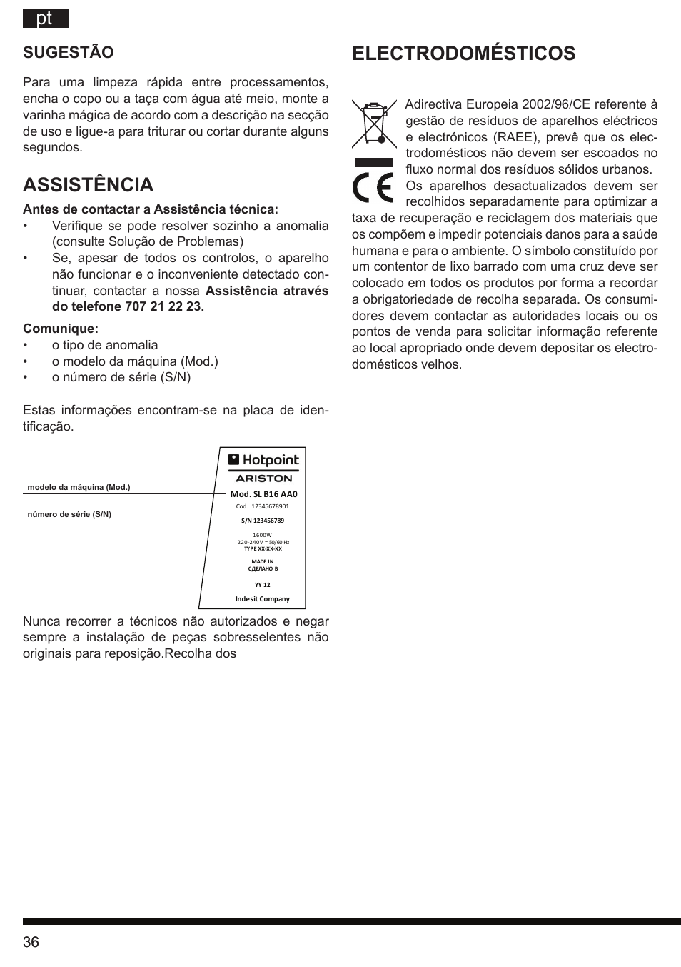 Assistência, Electrodomésticos, Sugestão | Hotpoint Ariston HB 0705 AX0 User Manual | Page 36 / 52