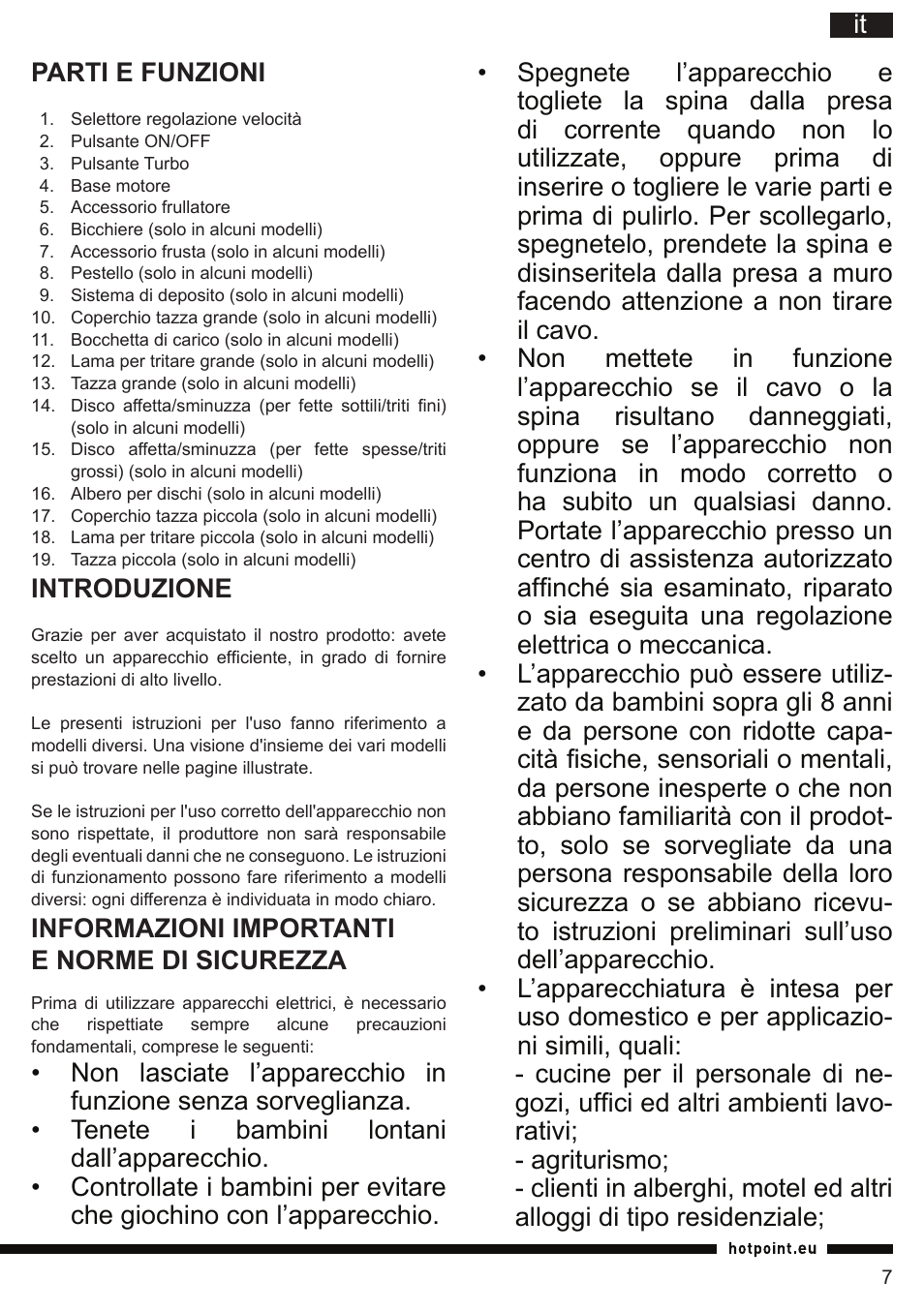 It parti e funzioni, Introduzione, Informazioni importanti e norme di sicurezza | Hotpoint Ariston HB 0705 AX0 User Manual | Page 7 / 52