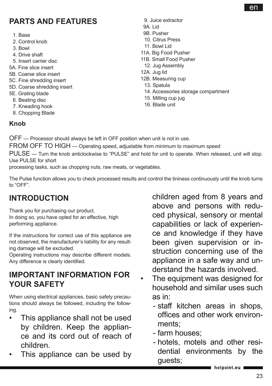 Introduction, Important information for your safety | Hotpoint Ariston FP 1005 AB0 User Manual | Page 23 / 148