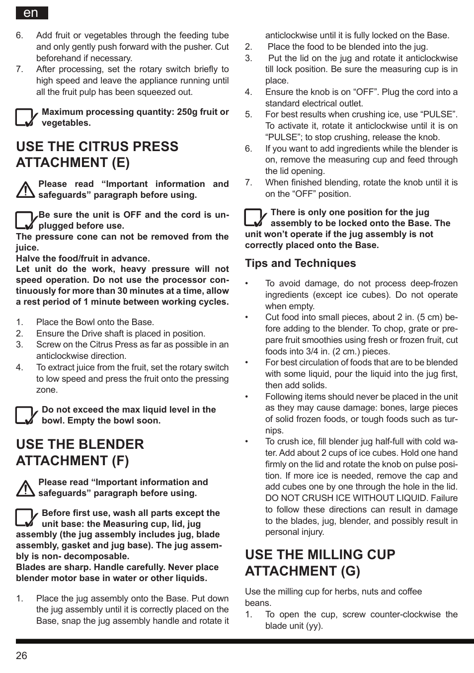 It en, Use the citrus press attachment (e), Use the blender attachment (f) | Use the milling cup attachment (g) | Hotpoint Ariston FP 1005 AB0 User Manual | Page 26 / 148