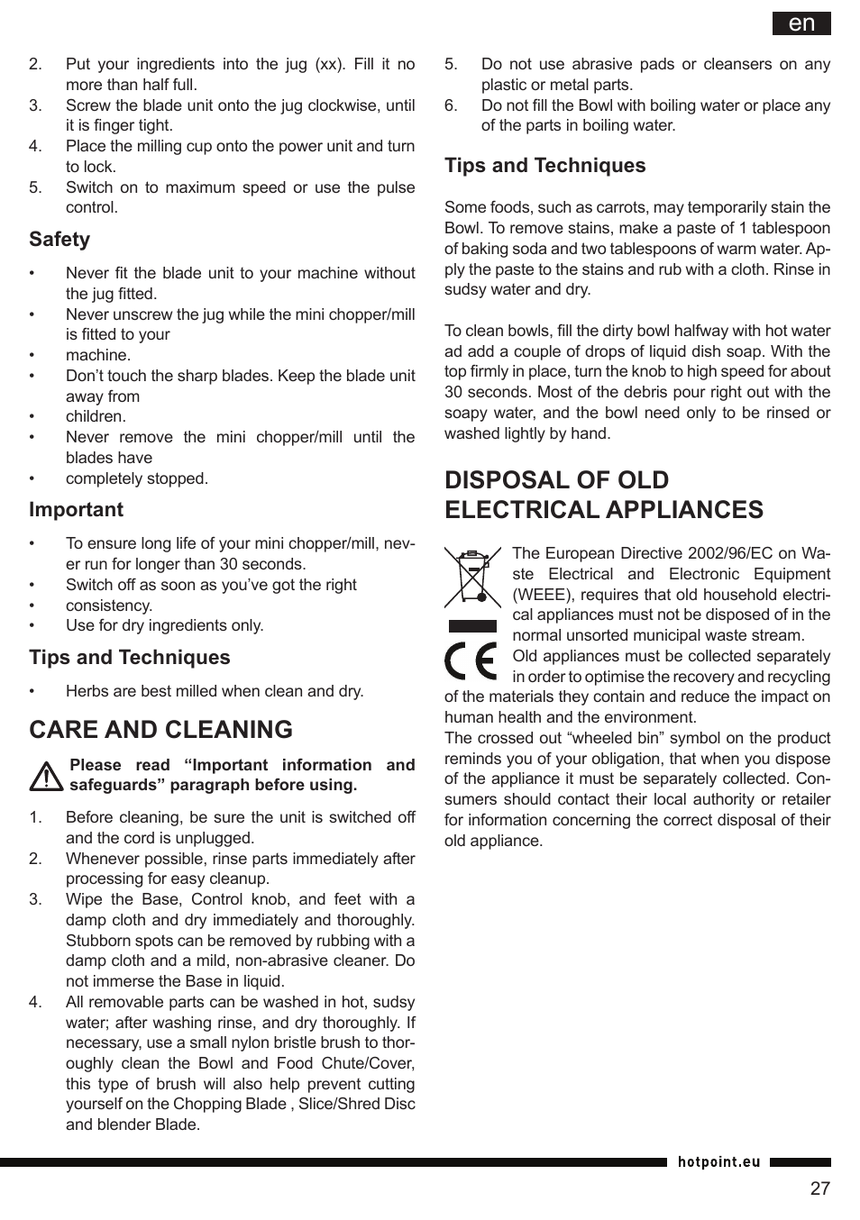 It en, Care and cleaning, Disposal of old electrical appliances | Hotpoint Ariston FP 1005 AB0 User Manual | Page 27 / 148