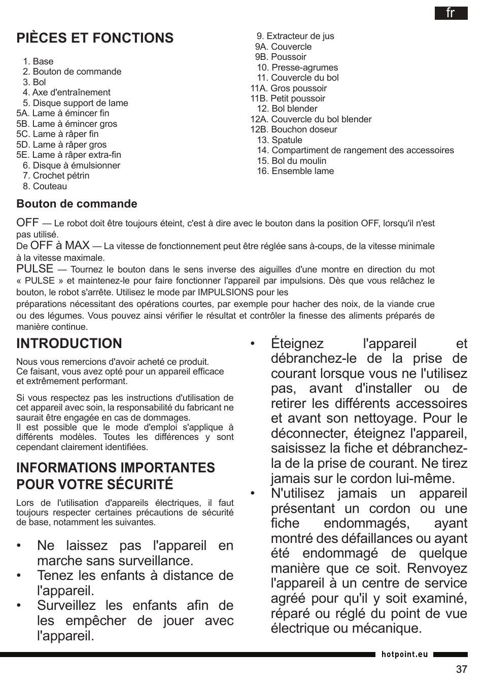 Introduction, Informations importantes pour votre sécurité | Hotpoint Ariston FP 1005 AB0 User Manual | Page 37 / 148