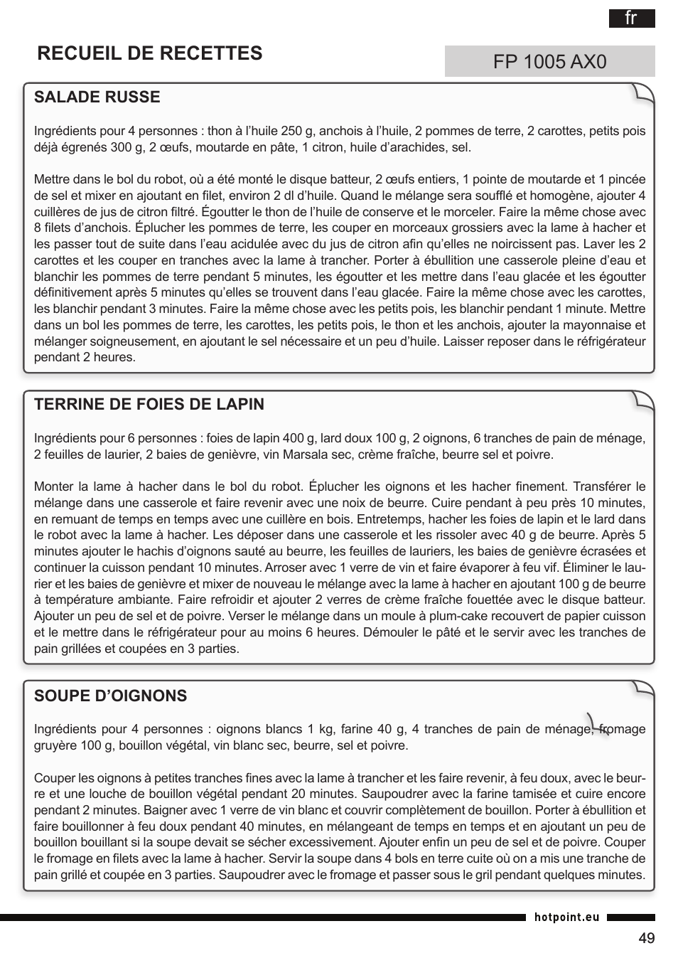 Recueil de recettes | Hotpoint Ariston FP 1005 AB0 User Manual | Page 49 / 148