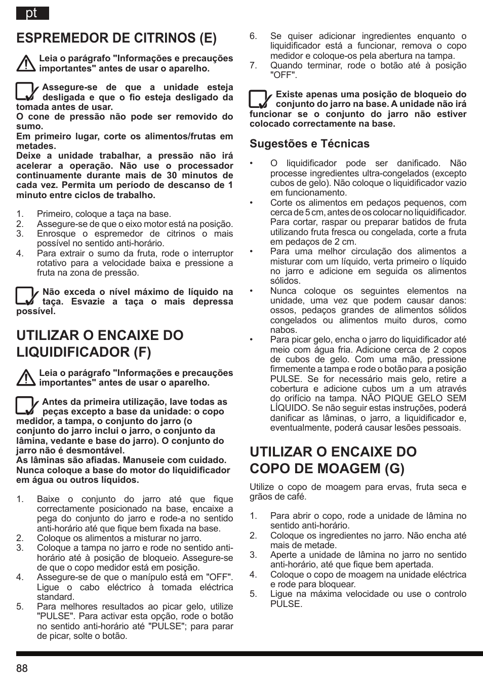 Pt espremedor de citrinos (e), Utilizar o encaixe do liquidificador (f), Utilizar o encaixe do copo de moagem (g) | Hotpoint Ariston FP 1005 AB0 User Manual | Page 88 / 148