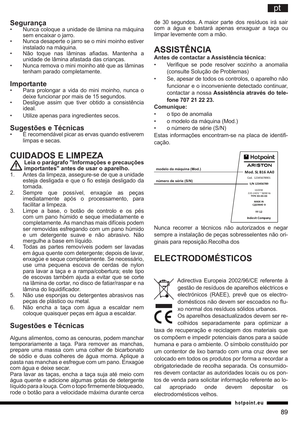 Cuidados e limpeza, Assistência, Electrodomésticos | Segurança, Importante, Sugestões e técnicas | Hotpoint Ariston FP 1005 AB0 User Manual | Page 89 / 148