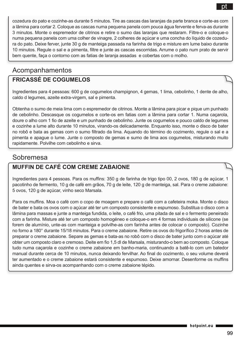 Acompanhamentos sobremesa | Hotpoint Ariston FP 1005 AB0 User Manual | Page 99 / 148