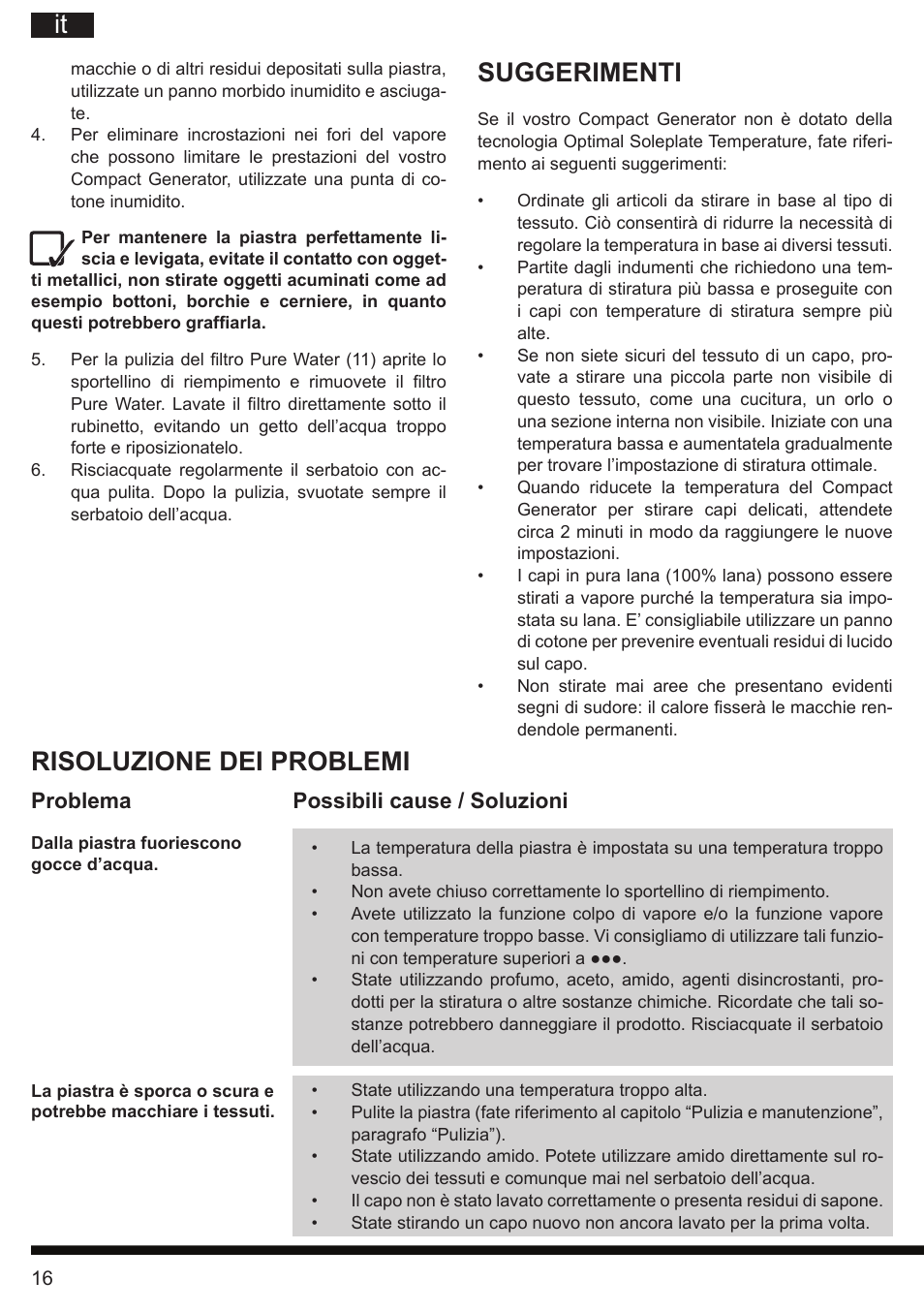 Suggerimenti, Risoluzione dei problemi, Problema possibili cause / soluzioni | Hotpoint Ariston II E75 AA0 User Manual | Page 16 / 68