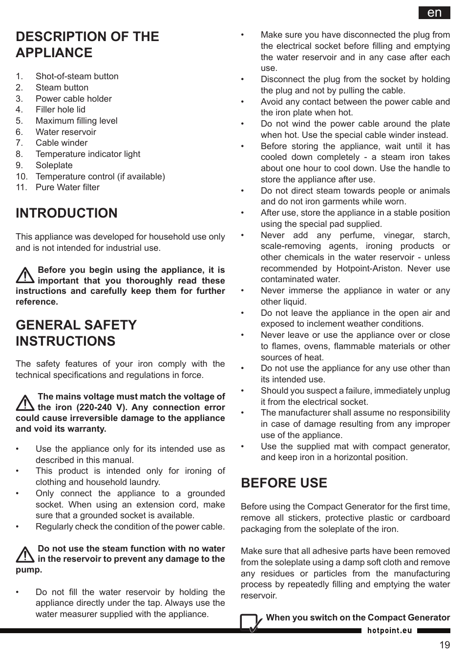 It en description of the appliance, Introduction, General safety instructions | Before use | Hotpoint Ariston II E75 AA0 User Manual | Page 19 / 68