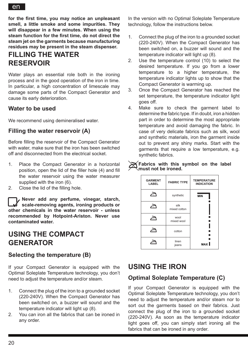 It en, Filling the water reservoir, Using the compact generator | Using the iron, Water to be used, Filling the water reservoir (a), Selecting the temperature (b), Optimal soleplate temperature (c) | Hotpoint Ariston II E75 AA0 User Manual | Page 20 / 68