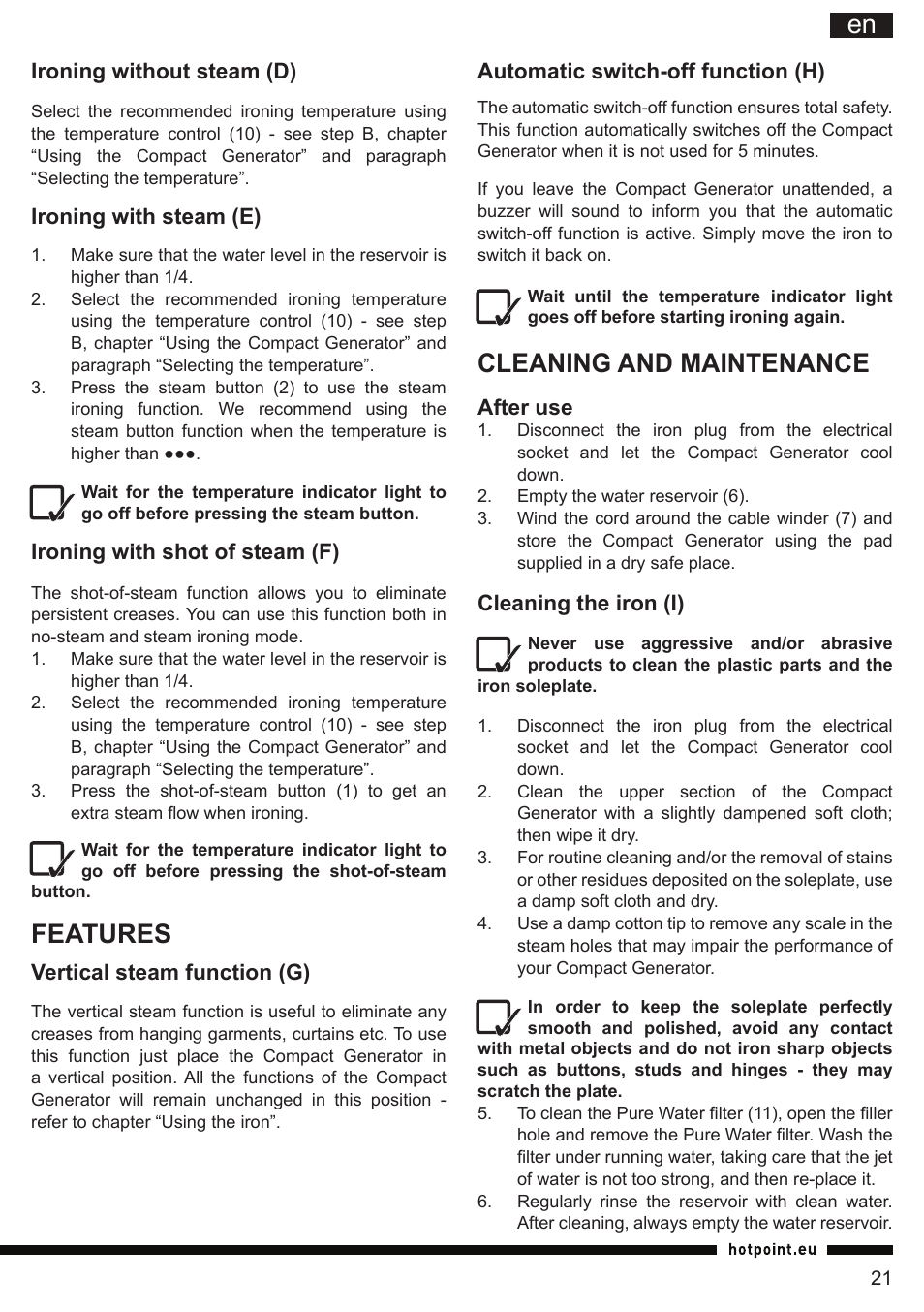 It en, Cleaning and maintenance, Features | Hotpoint Ariston II E75 AA0 User Manual | Page 21 / 68