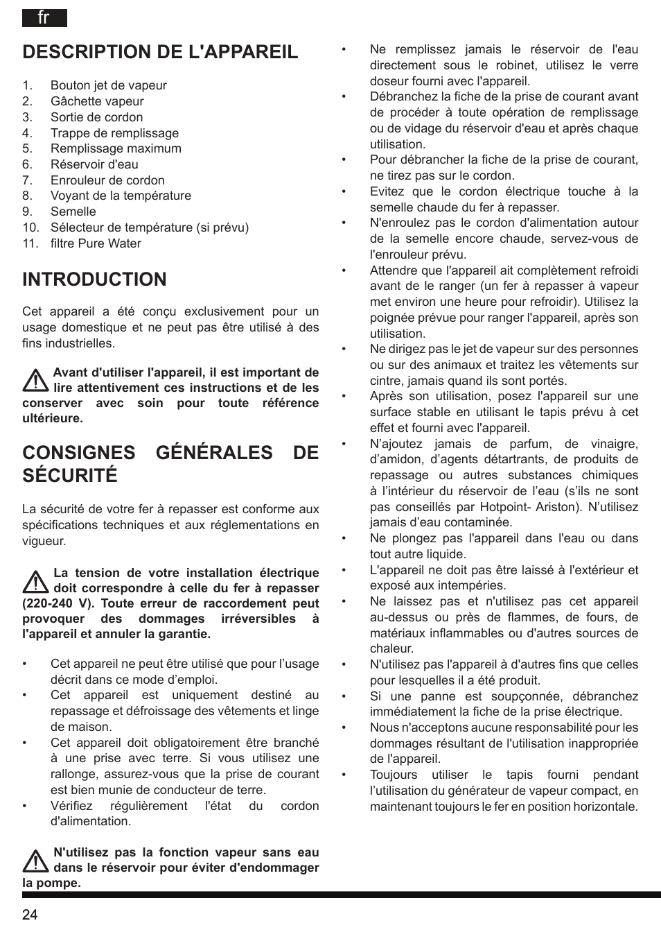 Fr description de l'appareil, Introduction, Consignes générales de sécurité | Hotpoint Ariston II E75 AA0 User Manual | Page 24 / 68
