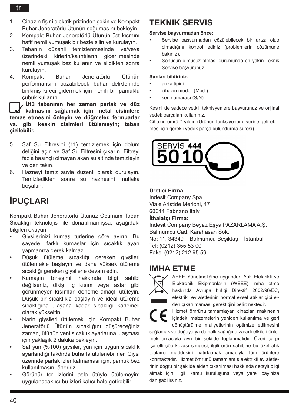 Ipuçlari, Teknik servis, Imha etme | Hotpoint Ariston II E75 AA0 User Manual | Page 40 / 68