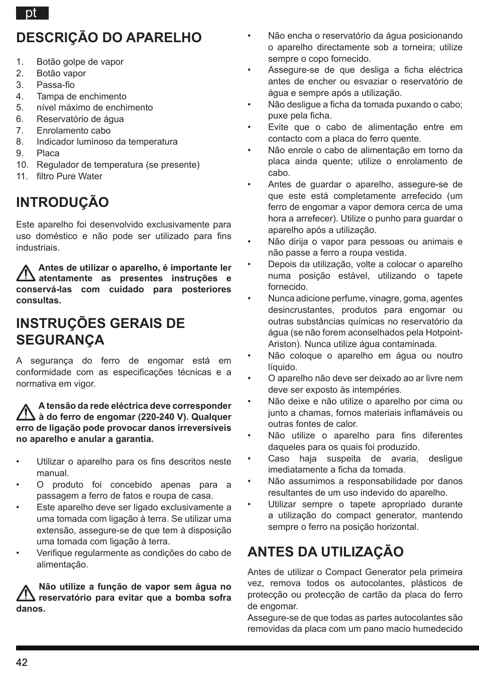 Pt descrição do aparelho, Introdução, Instruções gerais de segurança | Antes da utilização | Hotpoint Ariston II E75 AA0 User Manual | Page 42 / 68