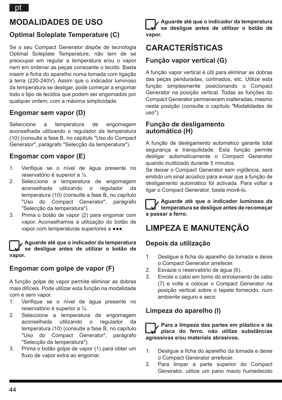 Características, Limpeza e manutenção, Modalidades de uso | Hotpoint Ariston II E75 AA0 User Manual | Page 44 / 68