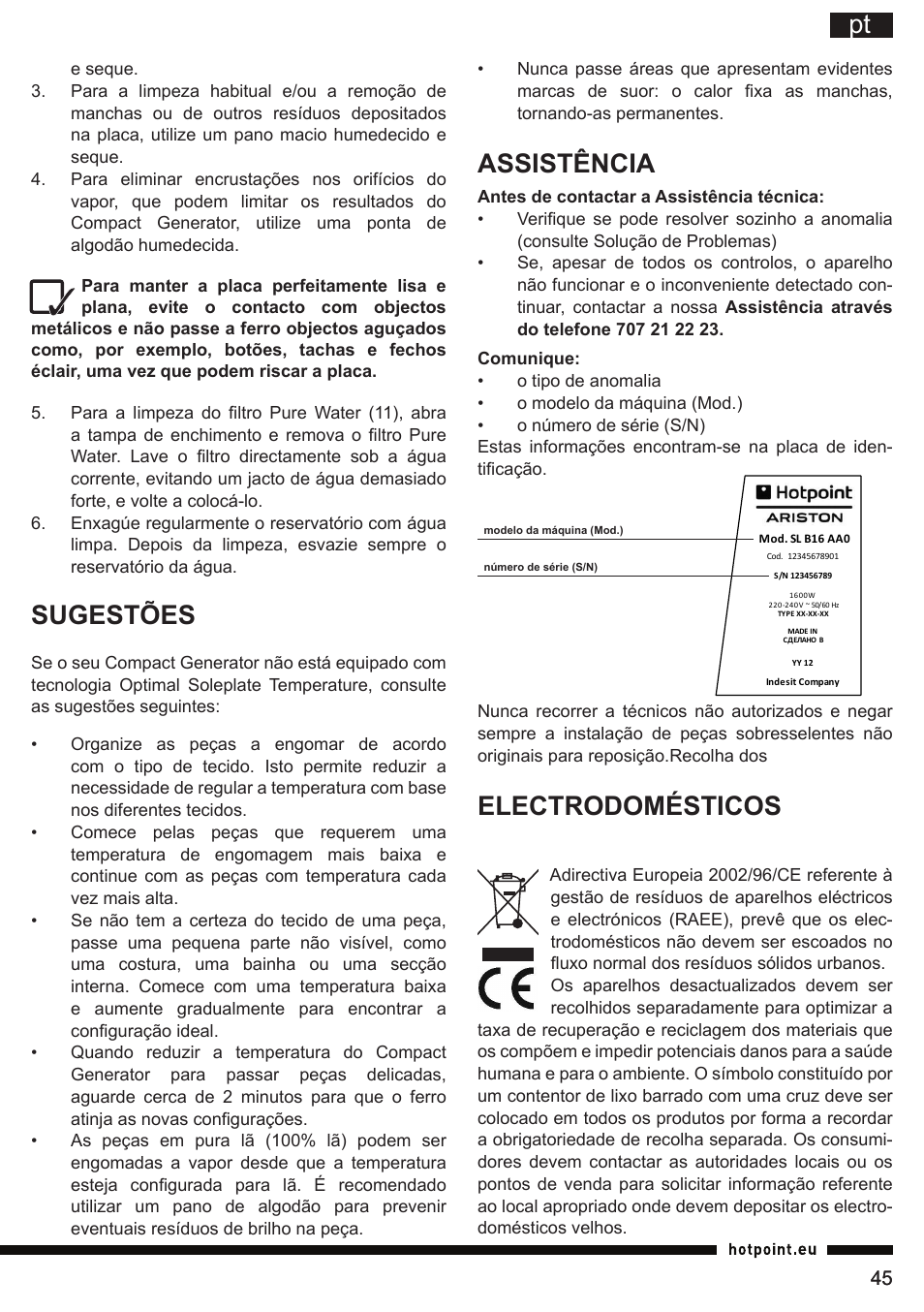Sugestões, Assistência, Electrodomésticos | Hotpoint Ariston II E75 AA0 User Manual | Page 45 / 68
