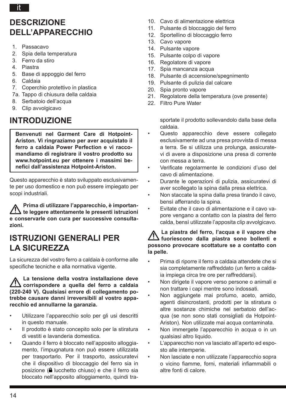 Descrizione dell’apparecchio, Introduzione, Istruzioni generali per la sicurezza | Hotpoint Ariston G E12 AA0 User Manual | Page 14 / 88
