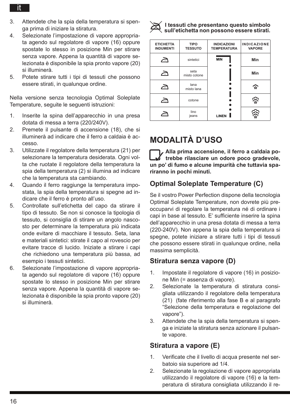 Modalità d’uso, Optimal soleplate temperature (c), Stiratura senza vapore (d) | Stiratura a vapore (e) | Hotpoint Ariston G E12 AA0 User Manual | Page 16 / 88