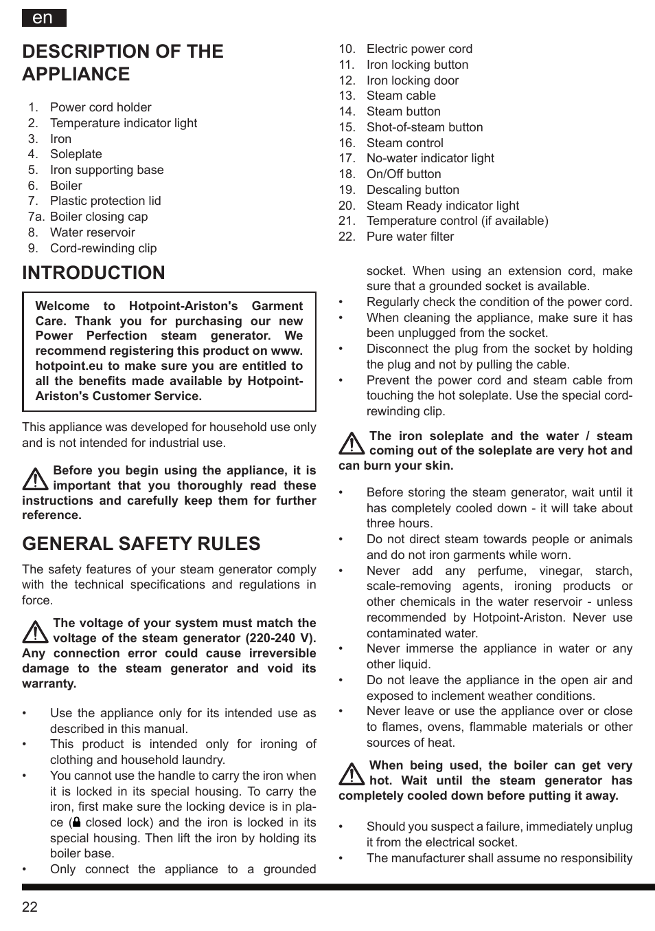 It en, Description of the appliance, Introduction | General safety rules | Hotpoint Ariston G E12 AA0 User Manual | Page 22 / 88