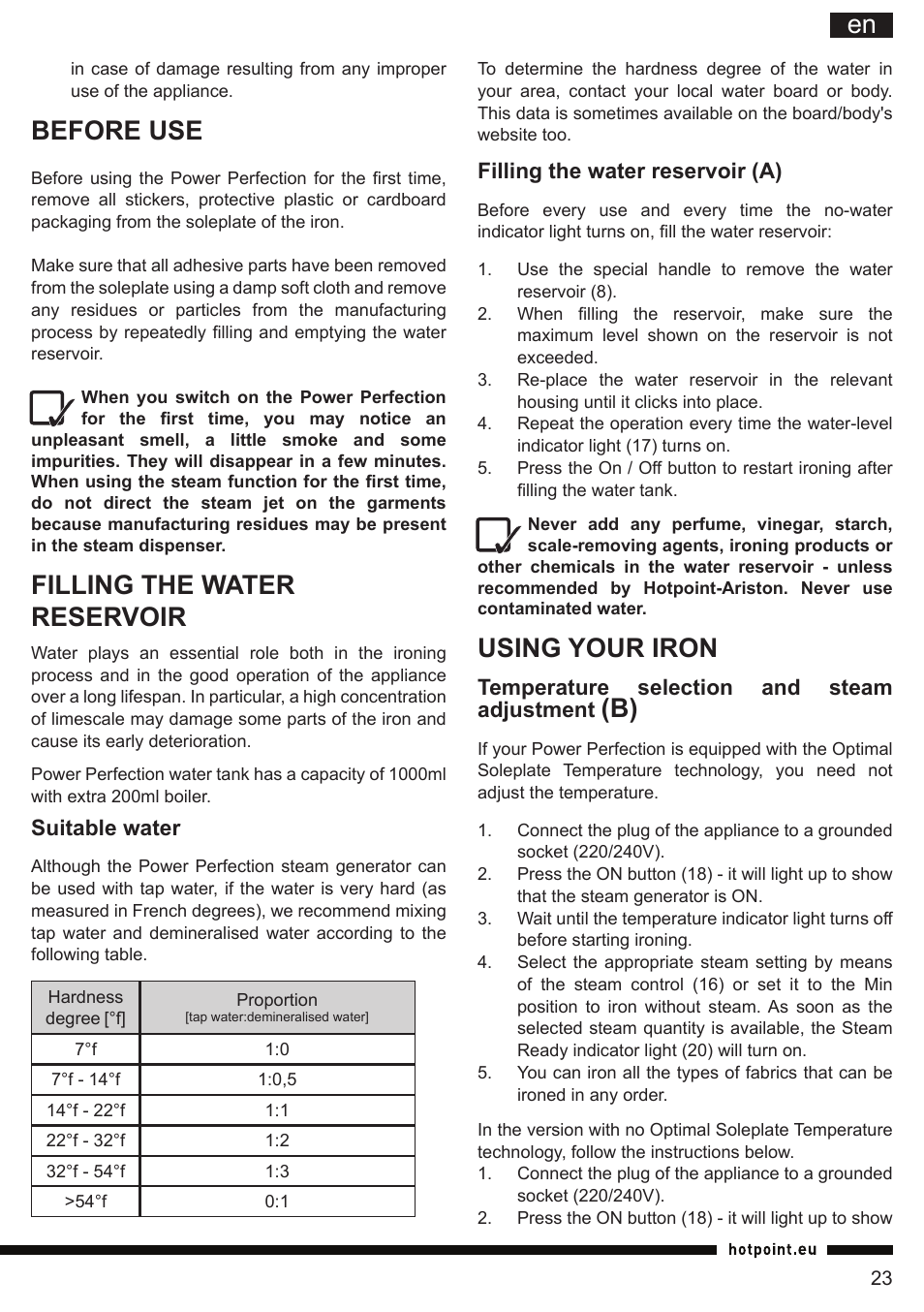 It en, Using your iron, Before use | Filling the water reservoir | Hotpoint Ariston G E12 AA0 User Manual | Page 23 / 88