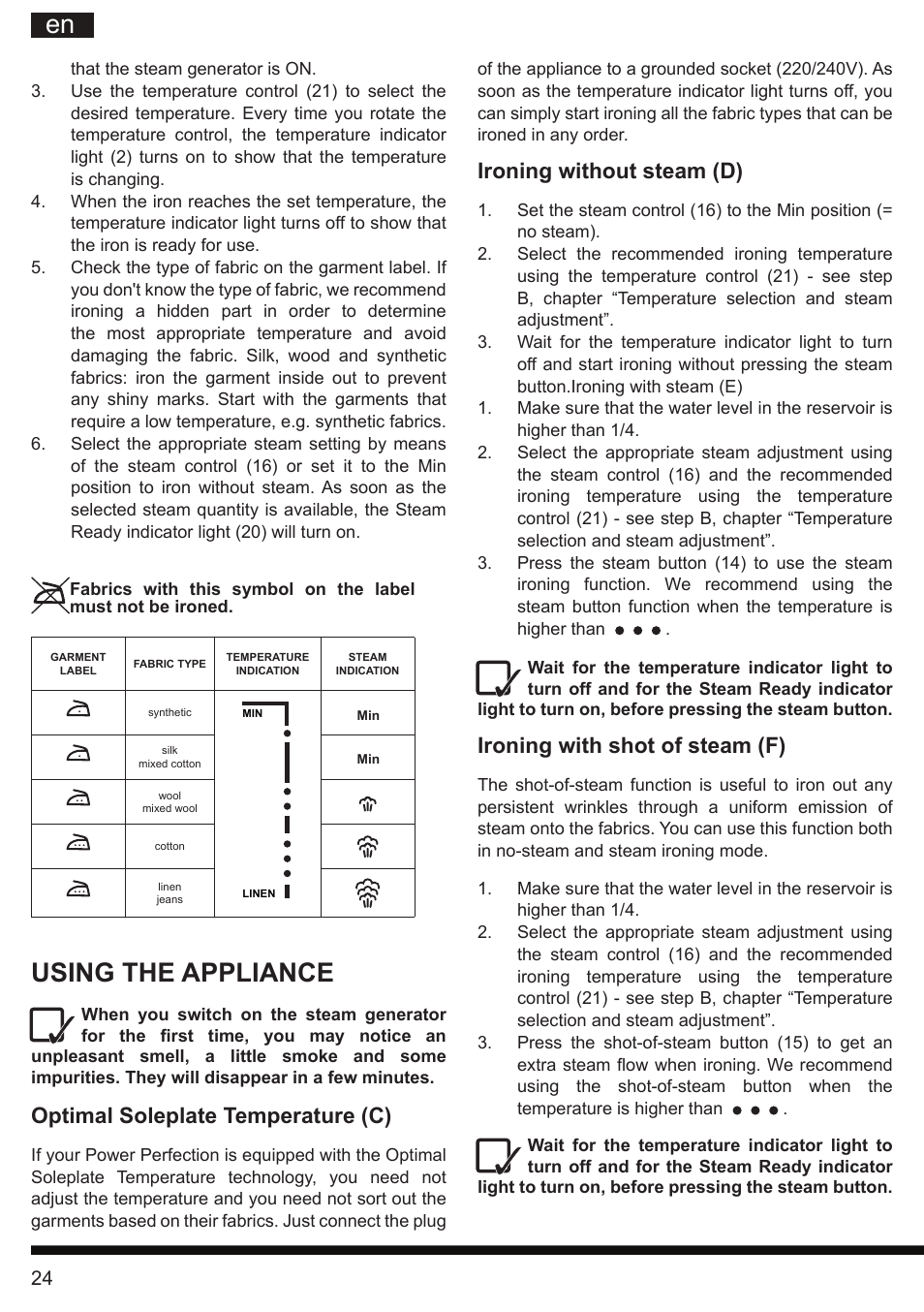 It en, Using the appliance, Ironing without steam (d) | Ironing with shot of steam (f), Optimal soleplate temperature (c) | Hotpoint Ariston G E12 AA0 User Manual | Page 24 / 88