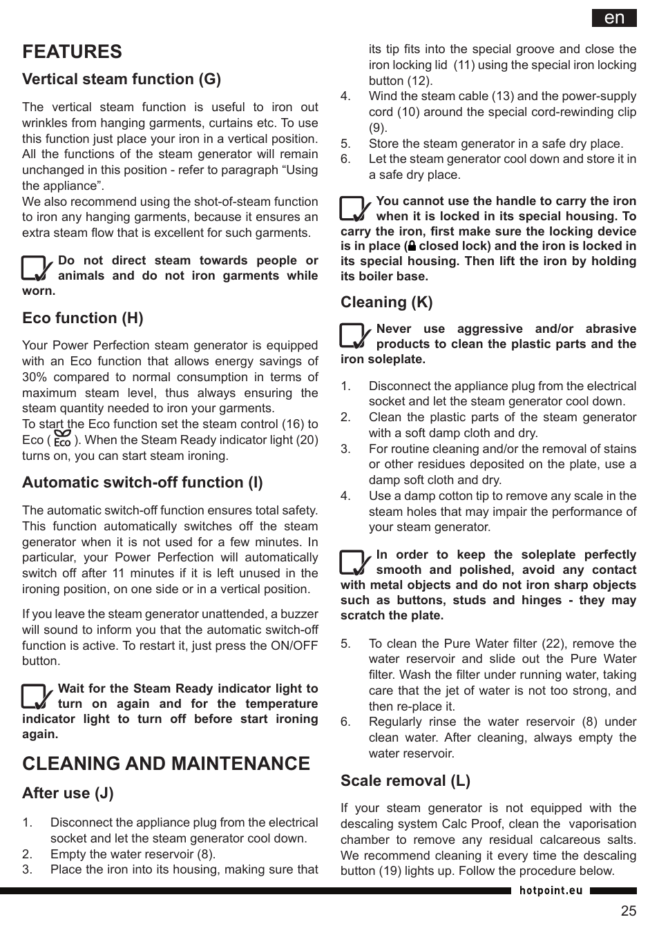 It en, Features, Cleaning and maintenance | Hotpoint Ariston G E12 AA0 User Manual | Page 25 / 88