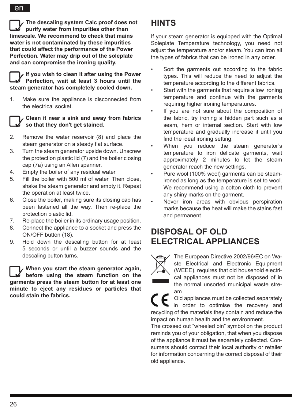It en, Hints, Disposal of old electrical appliances | Hotpoint Ariston G E12 AA0 User Manual | Page 26 / 88