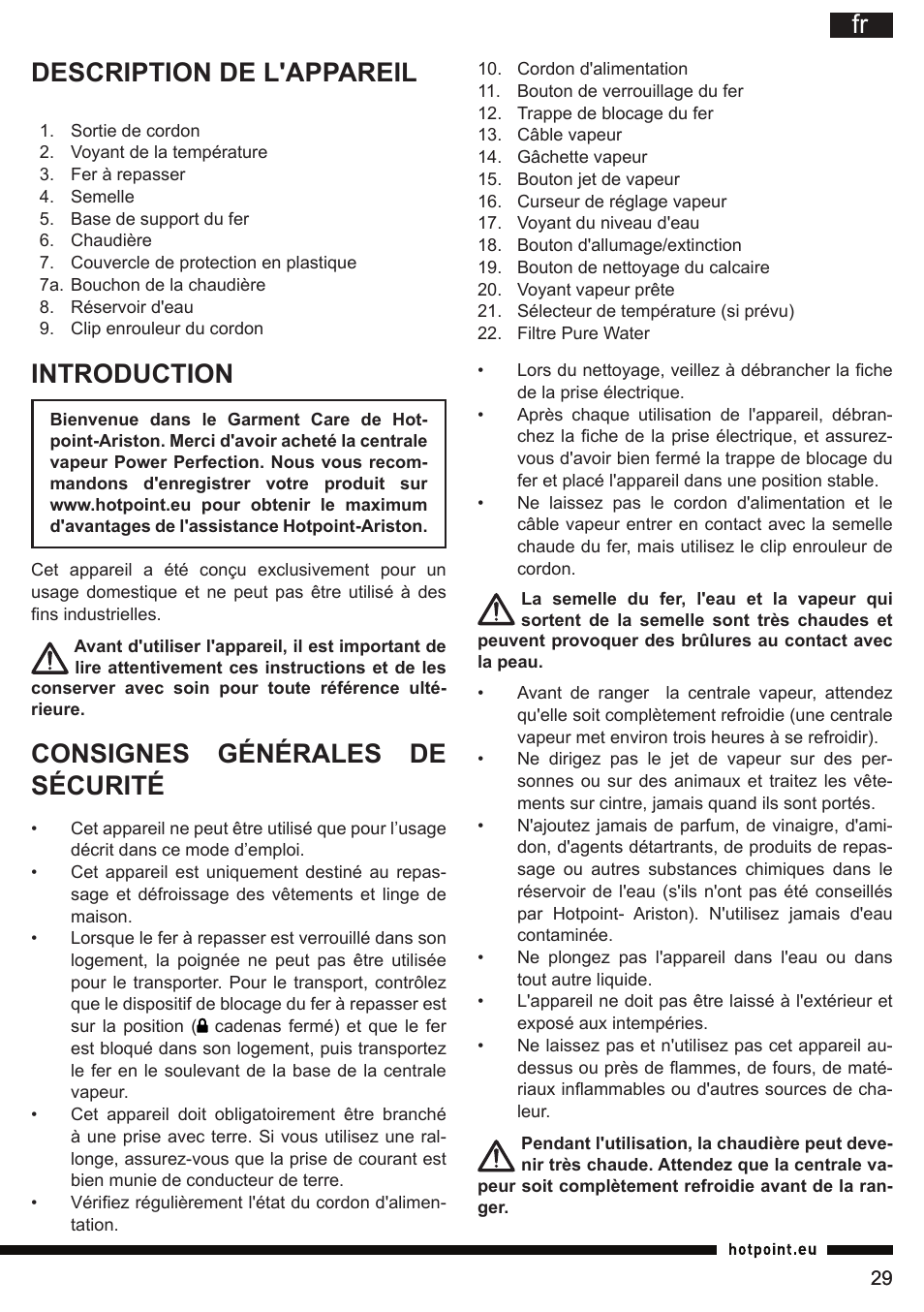 Description de l'appareil, Introduction, Consignes générales de sécurité | Hotpoint Ariston G E12 AA0 User Manual | Page 29 / 88