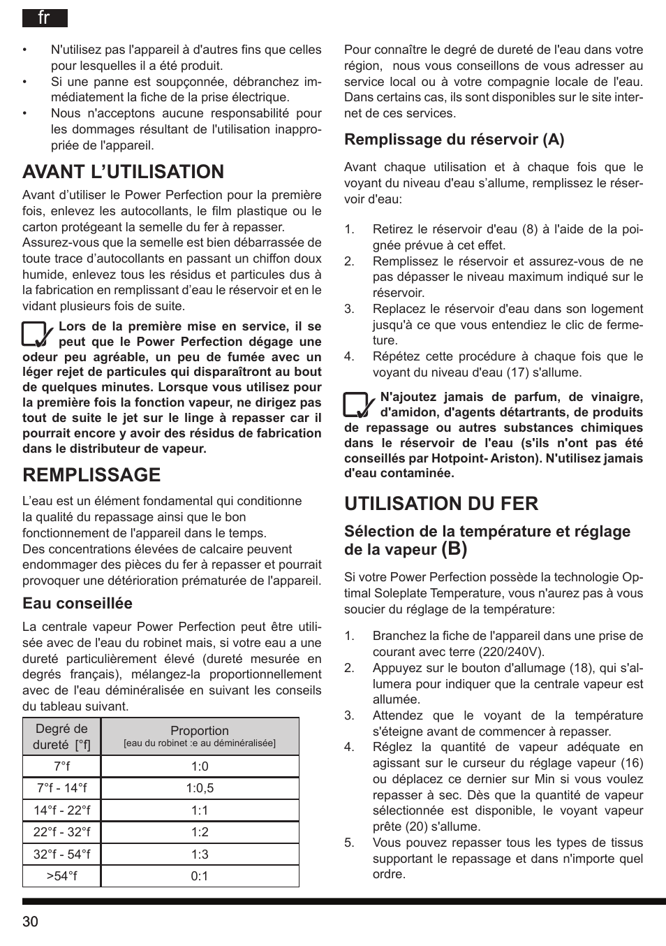 Utilisation du fer, Avant l’utilisation, Remplissage | Hotpoint Ariston G E12 AA0 User Manual | Page 30 / 88