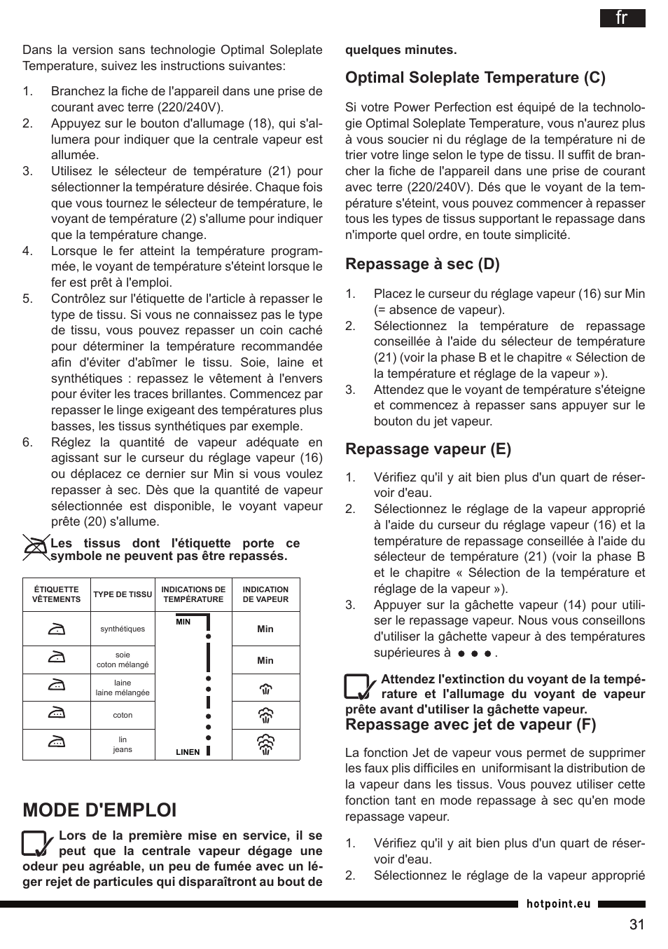 Mode d'emploi, Optimal soleplate temperature (c), Repassage à sec (d) | Repassage vapeur (e), Repassage avec jet de vapeur (f) | Hotpoint Ariston G E12 AA0 User Manual | Page 31 / 88