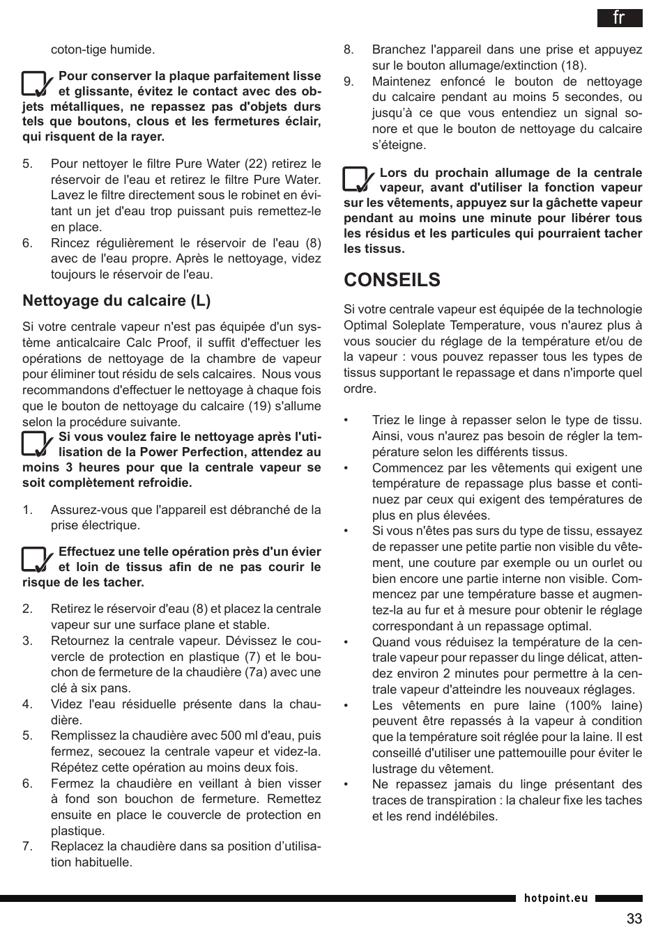Conseils, Nettoyage du calcaire (l) | Hotpoint Ariston G E12 AA0 User Manual | Page 33 / 88