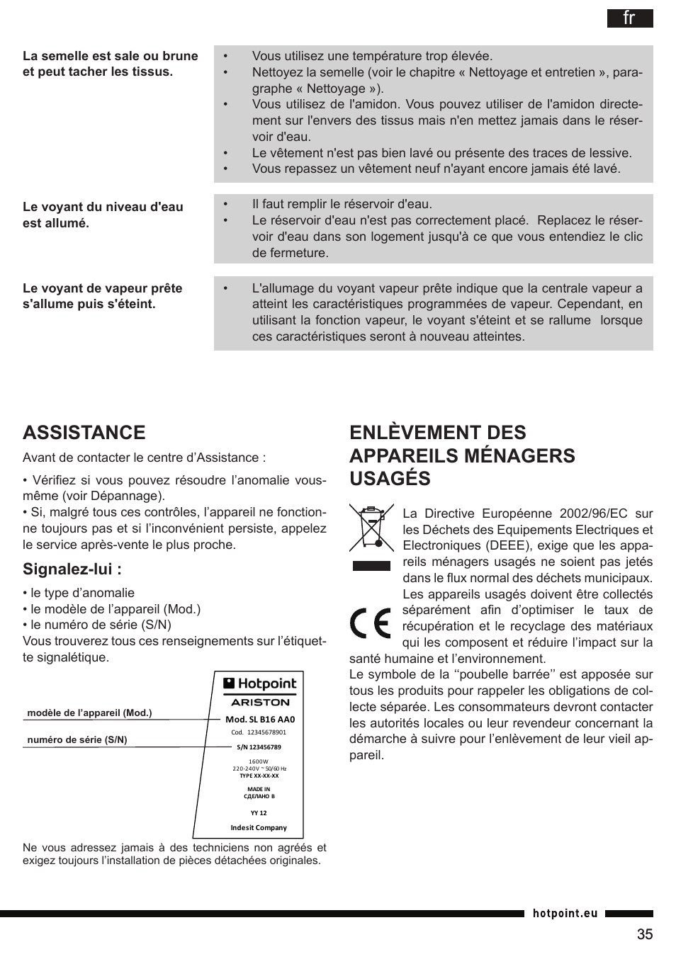 Enlèvement des appareils ménagers usagés, Assistance, Signalez-lui | Hotpoint Ariston G E12 AA0 User Manual | Page 35 / 88