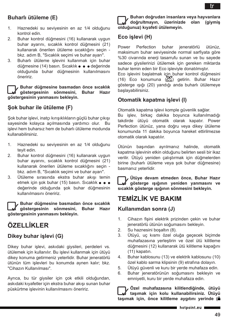 Temizlik ve bakim, Özellikler | Hotpoint Ariston G E12 AA0 User Manual | Page 49 / 88