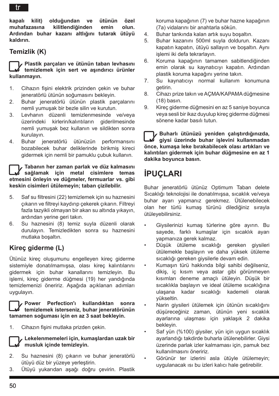 Ipuçlari, Temizlik (k), Kireç giderme (l) | Hotpoint Ariston G E12 AA0 User Manual | Page 50 / 88