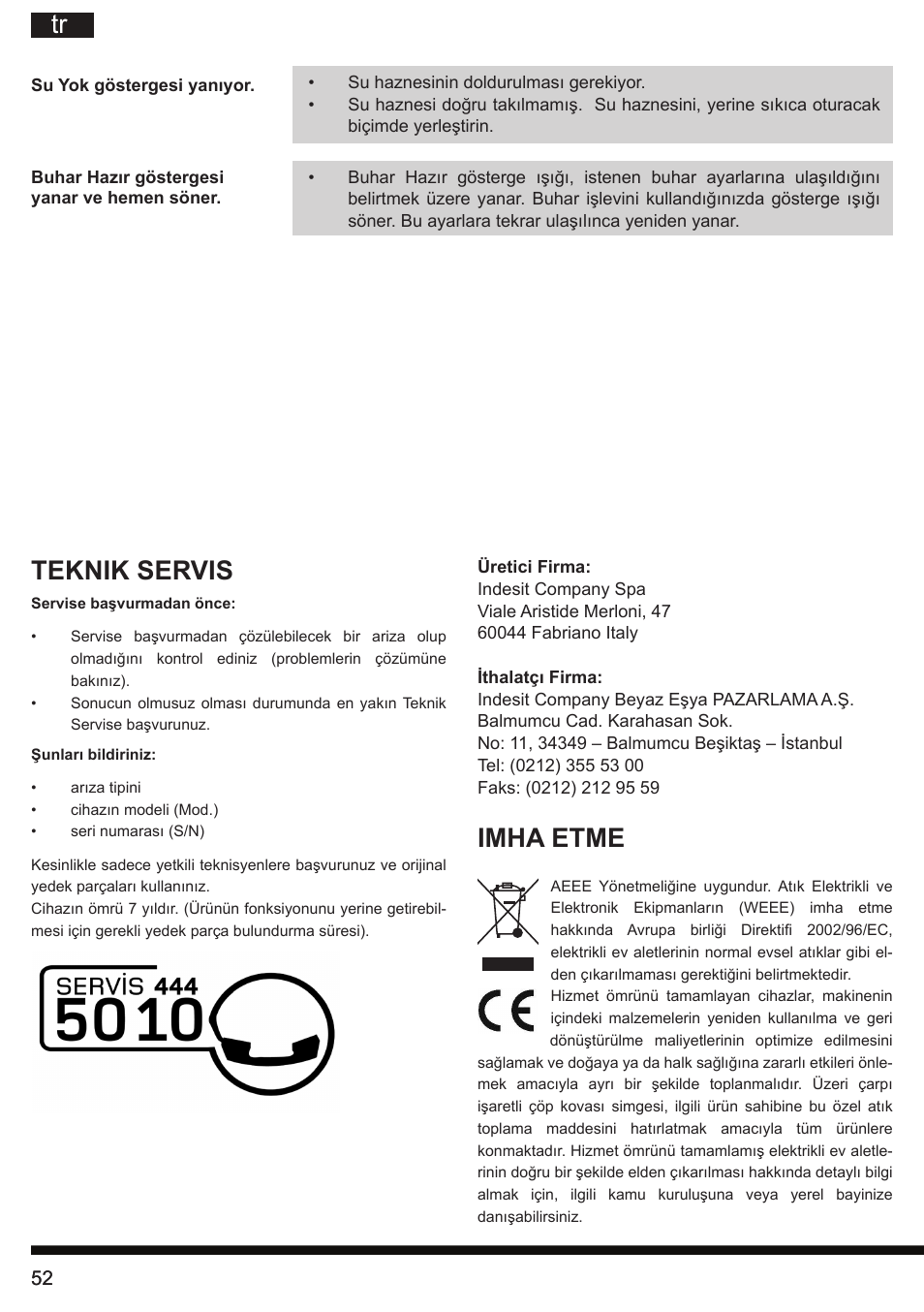 Teknik servis, Imha etme | Hotpoint Ariston G E12 AA0 User Manual | Page 52 / 88