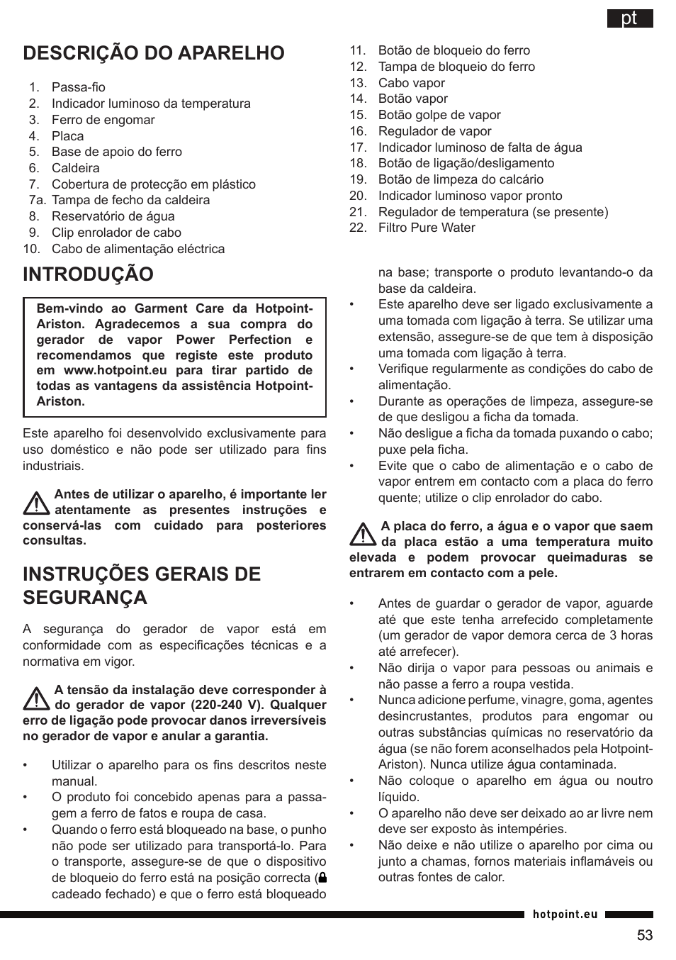 Descrição do aparelho, Introdução, Instruções gerais de segurança | Hotpoint Ariston G E12 AA0 User Manual | Page 53 / 88