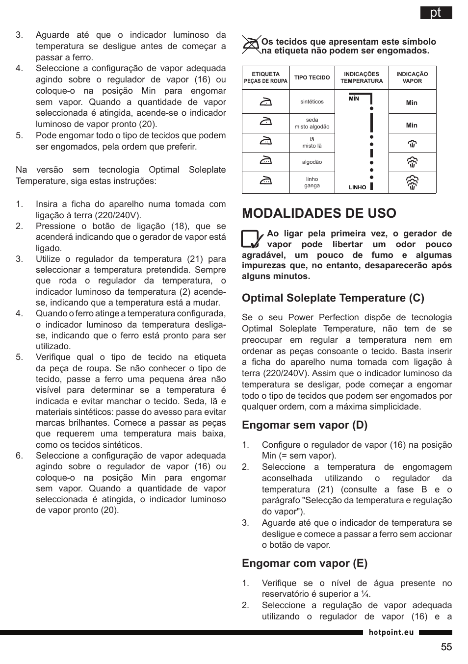 Modalidades de uso, Optimal soleplate temperature (c), Engomar sem vapor (d) | Engomar com vapor (e) | Hotpoint Ariston G E12 AA0 User Manual | Page 55 / 88