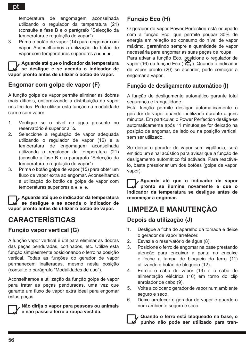 Limpeza e manutenção, Características | Hotpoint Ariston G E12 AA0 User Manual | Page 56 / 88