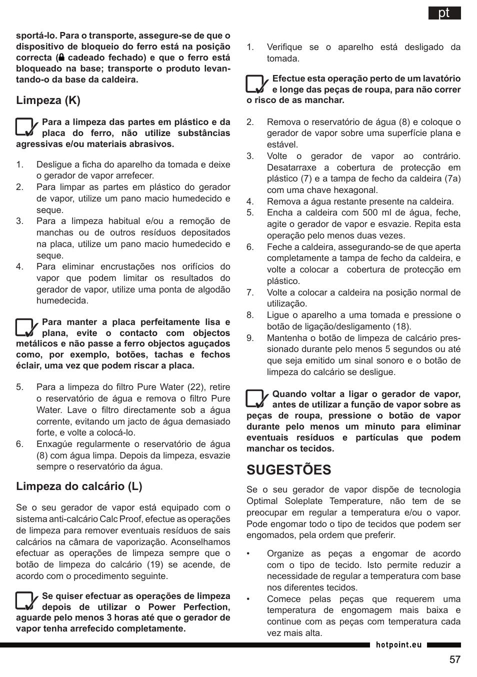 Sugestões, Limpeza (k), Limpeza do calcário (l) | Hotpoint Ariston G E12 AA0 User Manual | Page 57 / 88