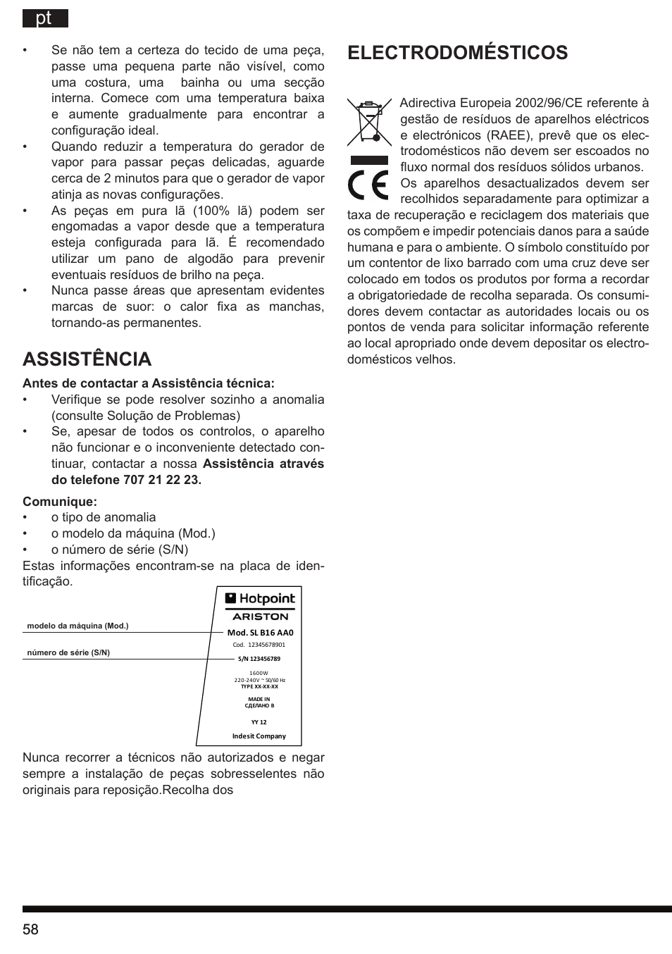 Pt electrodomésticos, Assistência | Hotpoint Ariston G E12 AA0 User Manual | Page 58 / 88