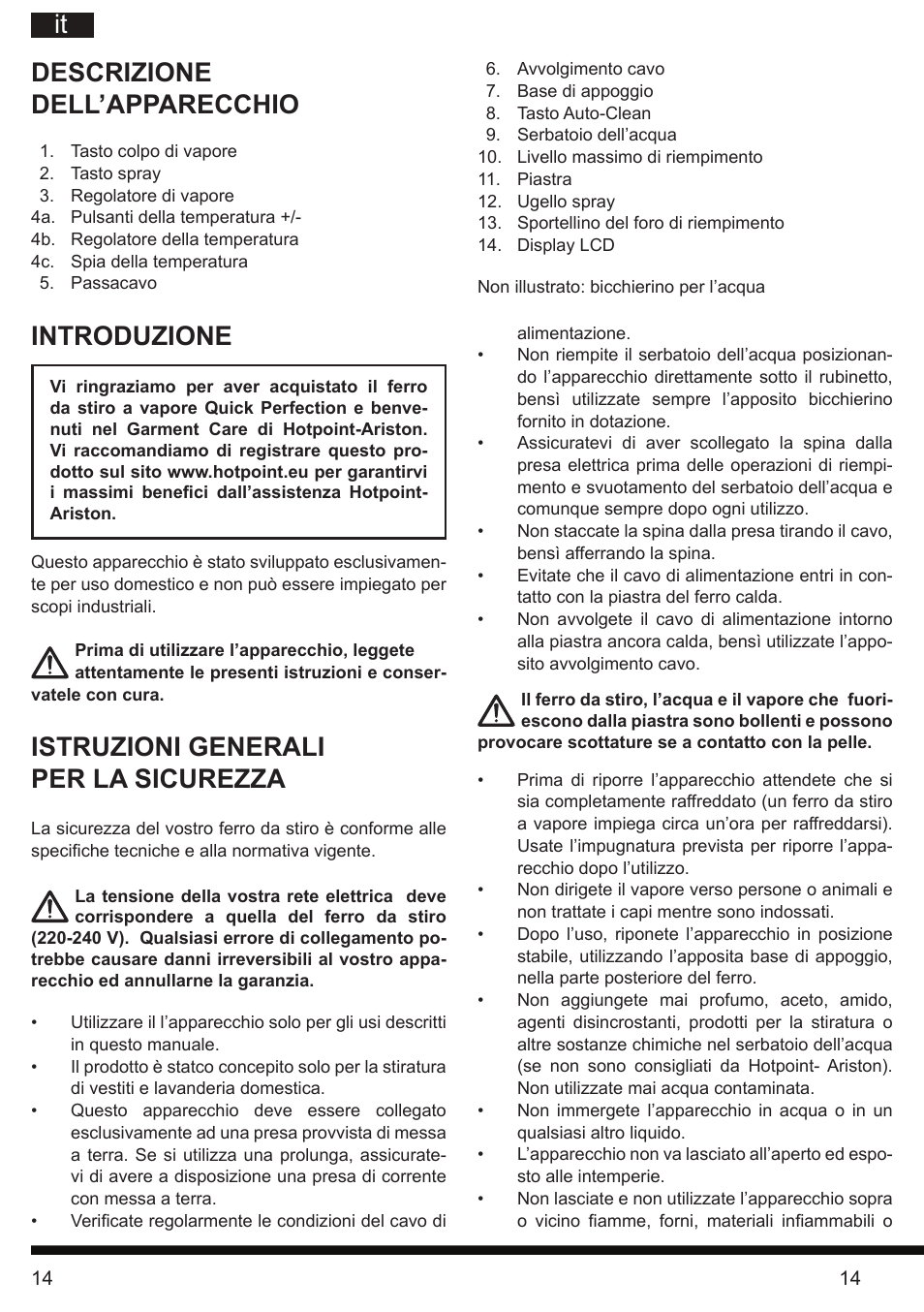 Descrizione dell’apparecchio, Introduzione, Istruzioni generali per la sicurezza | Hotpoint Ariston SI E40 BA0 User Manual | Page 14 / 96