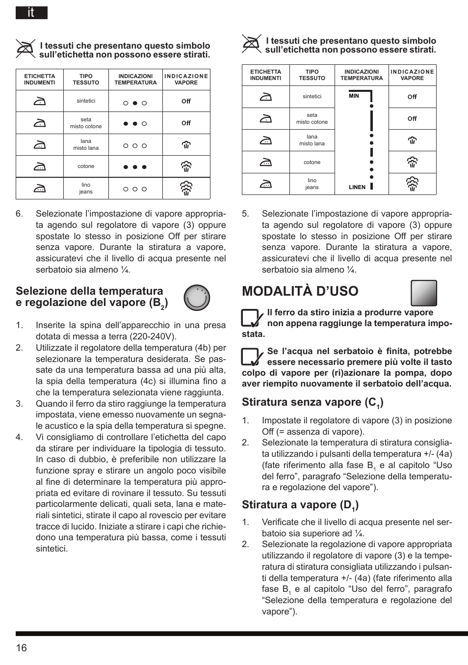 Modalità d’uso, Stiratura senza vapore (c, Stiratura a vapore (d | Hotpoint Ariston SI E40 BA0 User Manual | Page 16 / 96