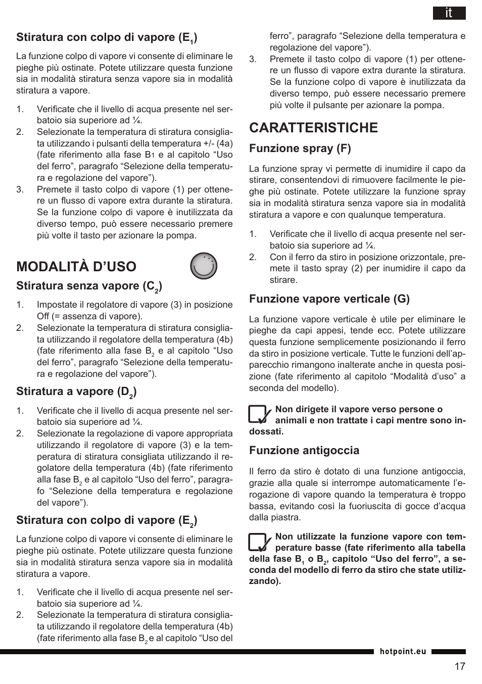 Modalità d’uso, Caratteristiche, Stiratura con colpo di vapore (e | Stiratura senza vapore (c, Stiratura a vapore (d, Funzione spray (f), Funzione vapore verticale (g), Funzione antigoccia | Hotpoint Ariston SI E40 BA0 User Manual | Page 17 / 96