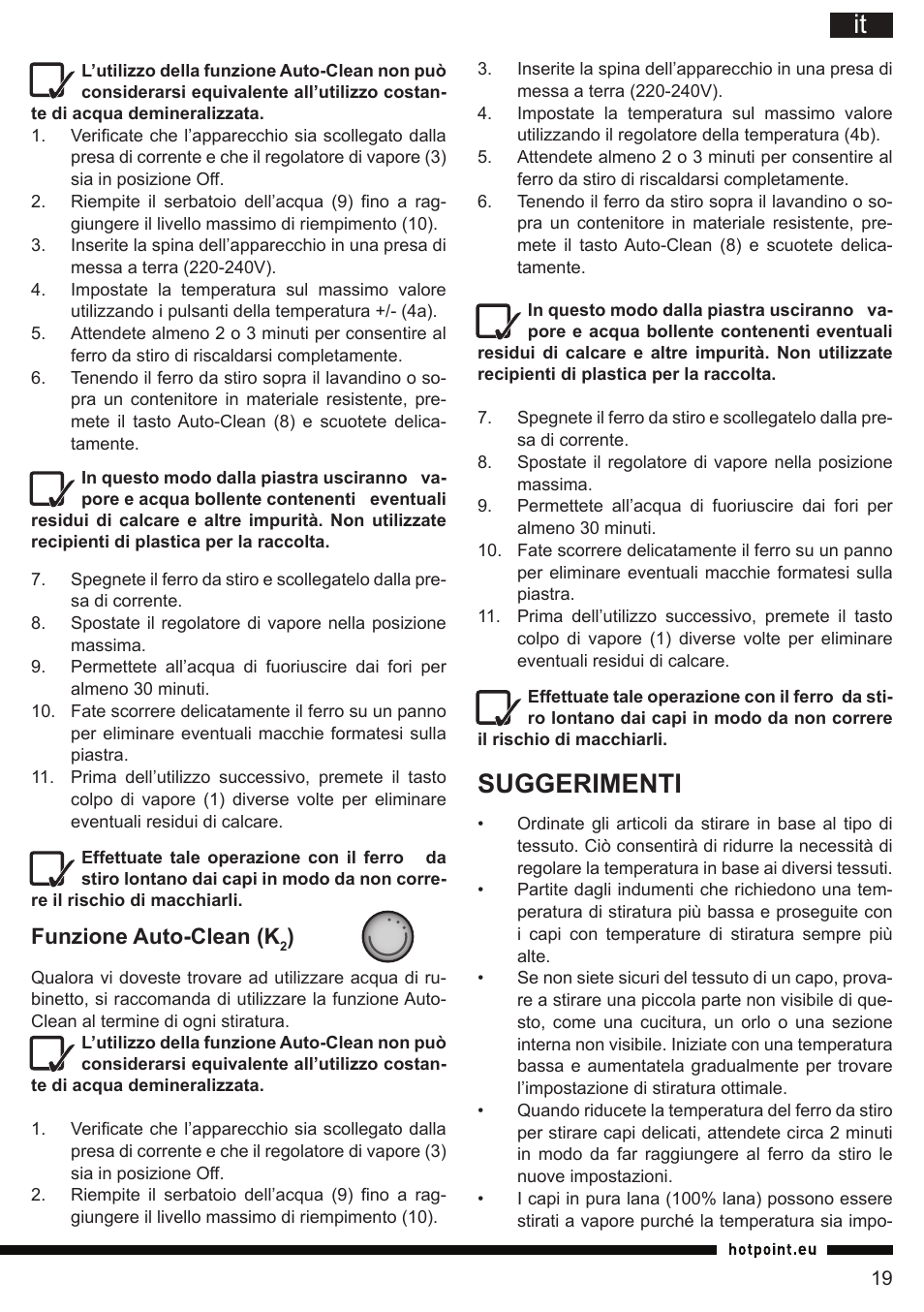 Suggerimenti, Funzione auto-clean (k | Hotpoint Ariston SI E40 BA0 User Manual | Page 19 / 96