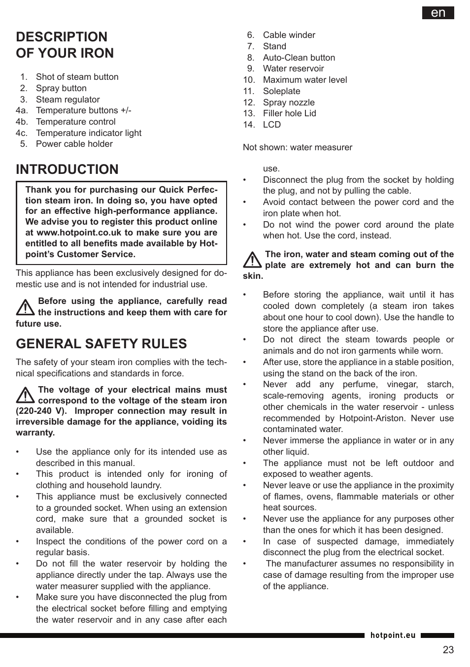 It en description of your iron, Introduction, General safety rules | Hotpoint Ariston SI E40 BA0 User Manual | Page 23 / 96