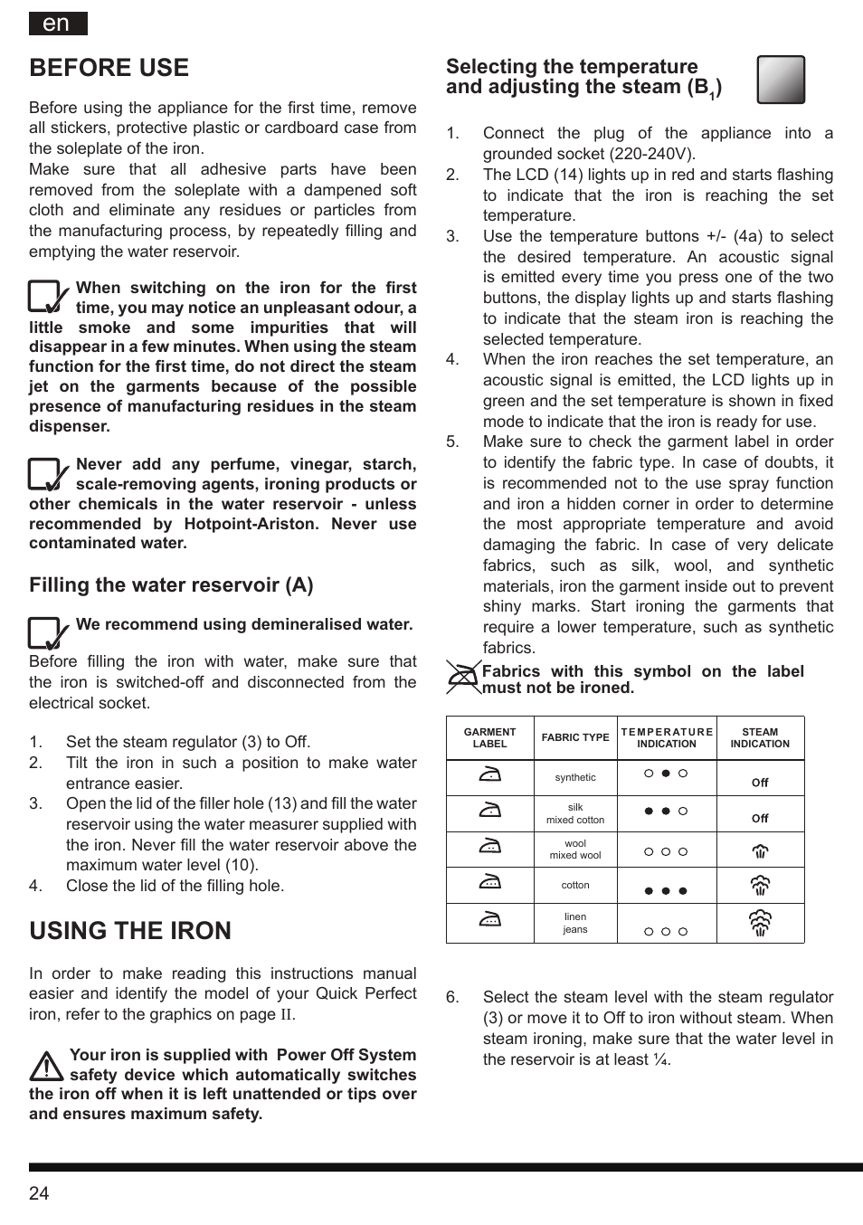 It en, Before use, Using the iron | Filling the water reservoir (a) | Hotpoint Ariston SI E40 BA0 User Manual | Page 24 / 96