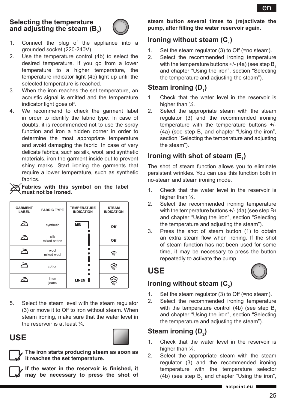 It en, Ironing without steam (c, Steam ironing (d | Ironing with shot of steam (e | Hotpoint Ariston SI E40 BA0 User Manual | Page 25 / 96