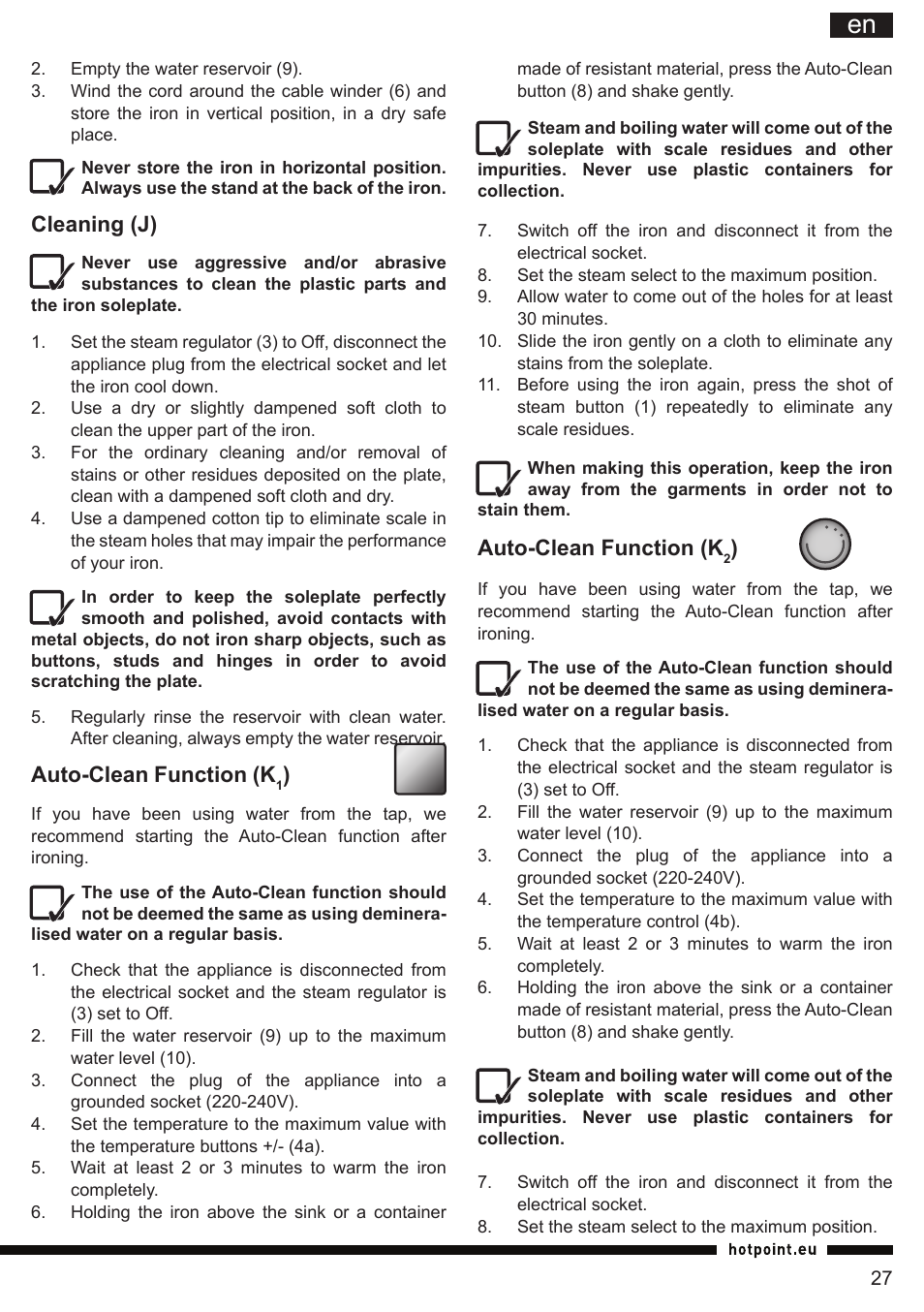 It en, Cleaning (j), Auto-clean function (k | Hotpoint Ariston SI E40 BA0 User Manual | Page 27 / 96