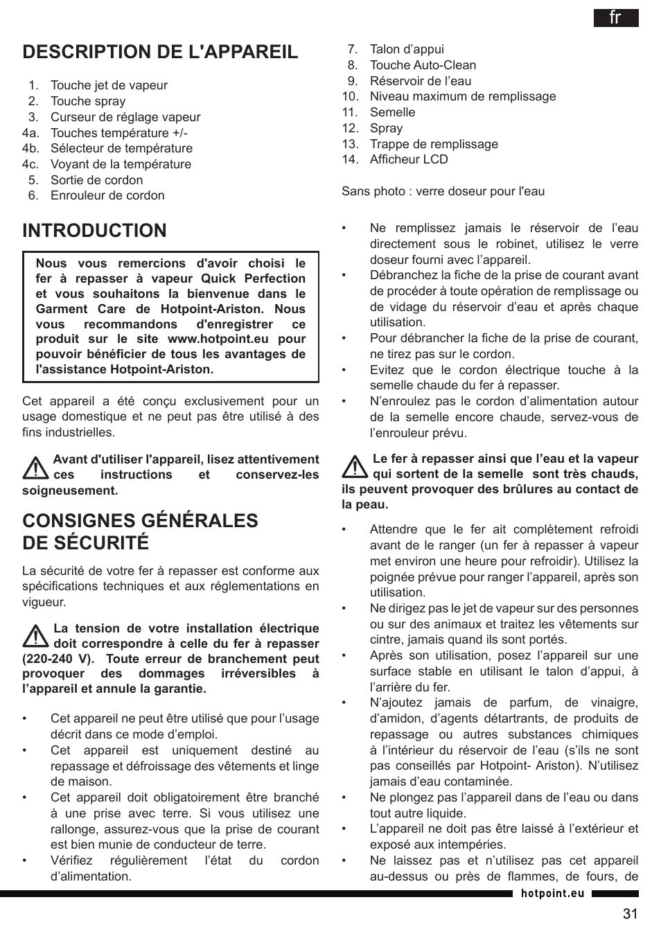 Fr description de l'appareil, Introduction, Consignes générales de sécurité | Hotpoint Ariston SI E40 BA0 User Manual | Page 31 / 96