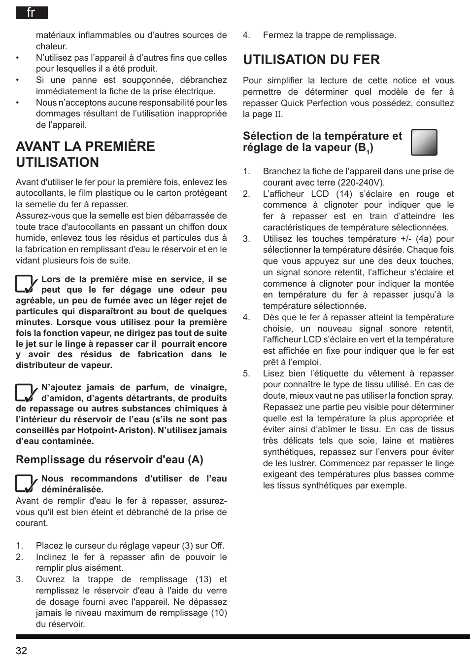 Utilisation du fer, Avant la première utilisation | Hotpoint Ariston SI E40 BA0 User Manual | Page 32 / 96