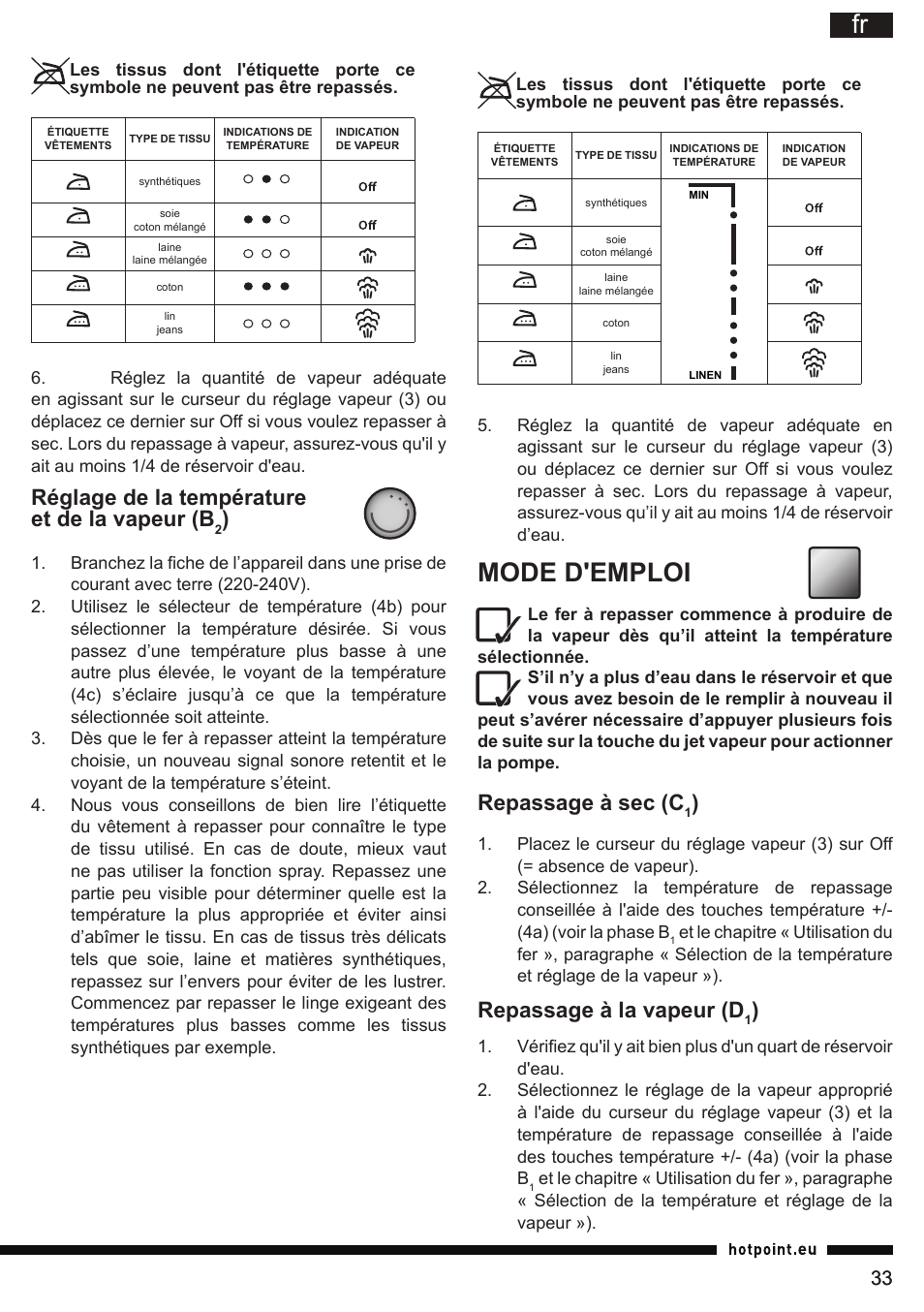 Mode d'emploi, Réglage de la température et de la vapeur (b, Repassage à sec (c | Repassage à la vapeur (d | Hotpoint Ariston SI E40 BA0 User Manual | Page 33 / 96